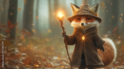 Fox in a wizard costume with a glowing staff walking through a mystical forest, wizard fox, fantasy animal photo