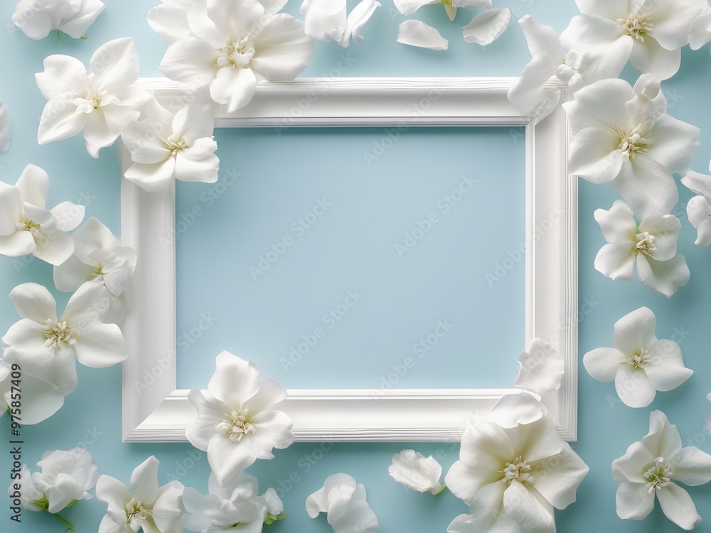 An ornate white frame on a blue background, surrounded by delicate white blossoms, creating a serene and elegant springtime aesthetic An ornate white frame on a blue background, surrounded by delicate white blossoms, creating a serene and elegant springtime aesthetic