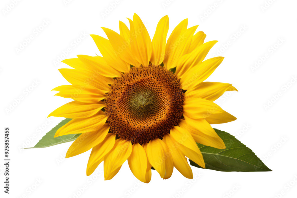 Obraz premium Overhead view of a sunflower with perfectly symmetrical petals and a textured center isolated on white background