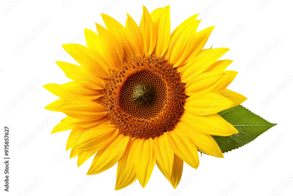 Overhead view of a sunflower with perfectly symmetrical petals and a textured center isolated on white background Overhead view of a sunflower with perfectly symmetrical petals and a textured center isolated on white background
