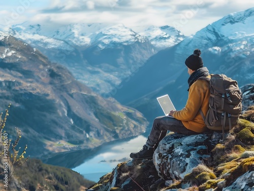 Wallpaper Mural Digital Nomad Perched on Mountainous Landscape with Laptop Capturing Panoramic Vistas Torontodigital.ca