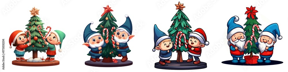 Whimsical Christmas characters gather around decorated trees, spreading joy and festive cheer during the holiday season. Whimsical Christmas characters gather around decorated trees, spreading joy and festive cheer during the holiday season.