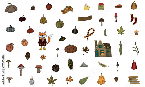 Big fall collection. autumn isolated elements. thanksgiving and november big bundle