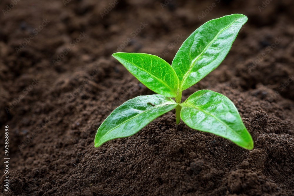 Naklejka premium Close-up of a vibrant green seedling emerging from rich, dark soil, symbolizing growth, renewal, and sustainability.