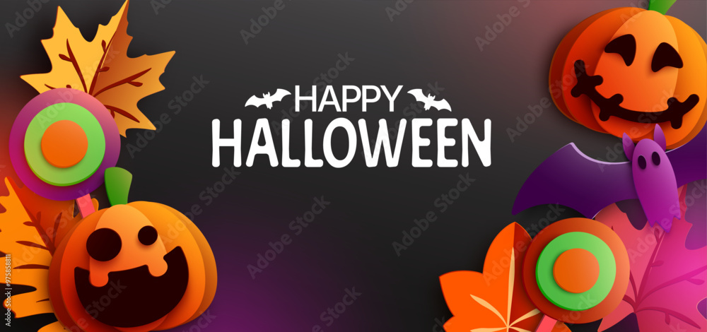 A dark and spooky papercut illustration for Halloween. Featuring grinning pumpkins, bats, ghosts, and autumn leaves, this design is perfect for creating a haunting atmosphere. A dark and spooky papercut illustration for Halloween. Featuring grinning pumpkins, bats, ghosts, and autumn leaves, this design is perfect for creating a haunting atmosphere.