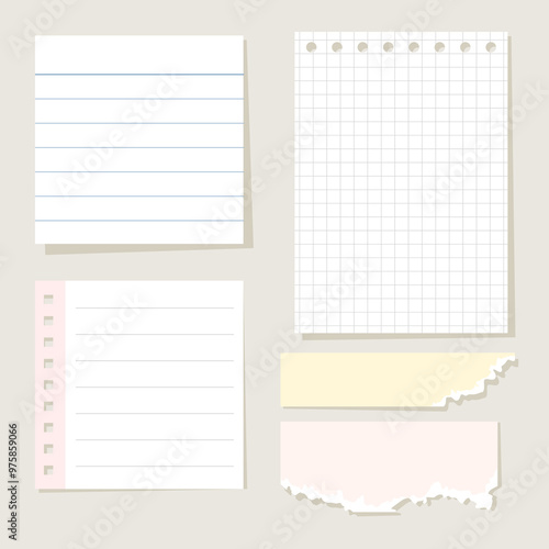 set of blank paper notes, simple pages for memo, reminder and notice. vector, illustration design.