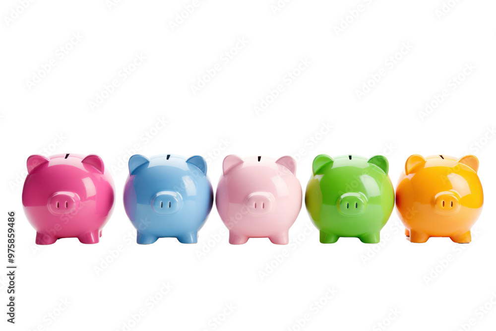 A row of piggy banks in different colors, representing diverse savings options, isolated on white background A row of piggy banks in different colors, representing diverse savings options, isolated on white background