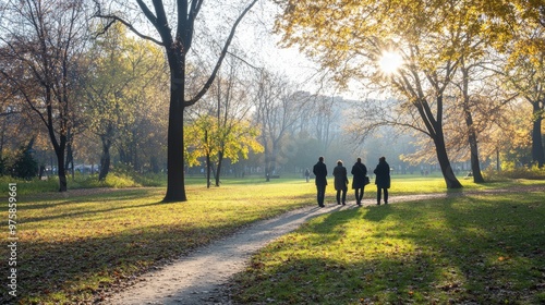 People walking on a path through a park in autumn.