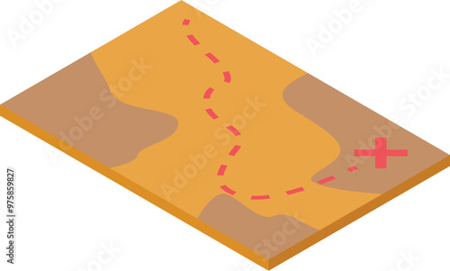 Simple isometric treasure map with a red dotted line leading to a red x marks the spot