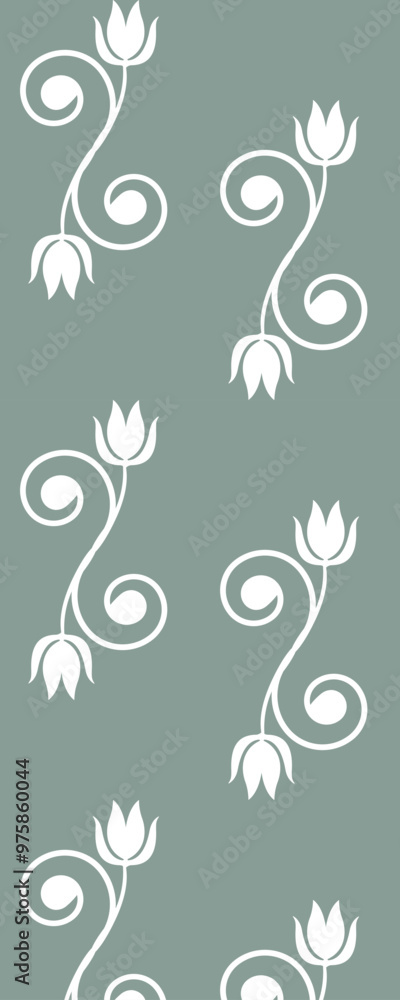 A repeating pattern featuring white floral motifs on a muted green background, suitable for wallpaper or fabric design. A repeating pattern featuring white floral motifs on a muted green background, suitable for wallpaper or fabric design.