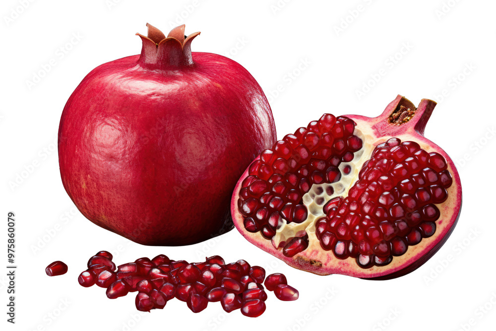 Fresh, ripe pomegranate cut in half showing vibrant red seeds and juicy interior isolated on white background