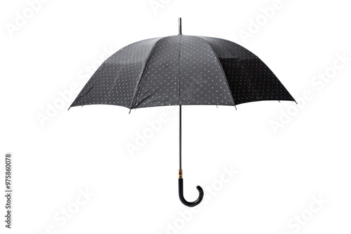 A single rain umbrella with raindrops cascading off the canopy, symbolizing protection from the rain isolated on white background