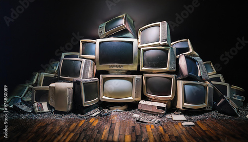 古いブラウン管テレビやコンピュータが山積みになっている様子を描いています。レトロな電子機器が乱雑に積み上げられ、技術の進化と廃棄物の問題を暗示しています。ノスタルジックな雰囲気と共に、時代の移り変わりを感じさせます。generative AI