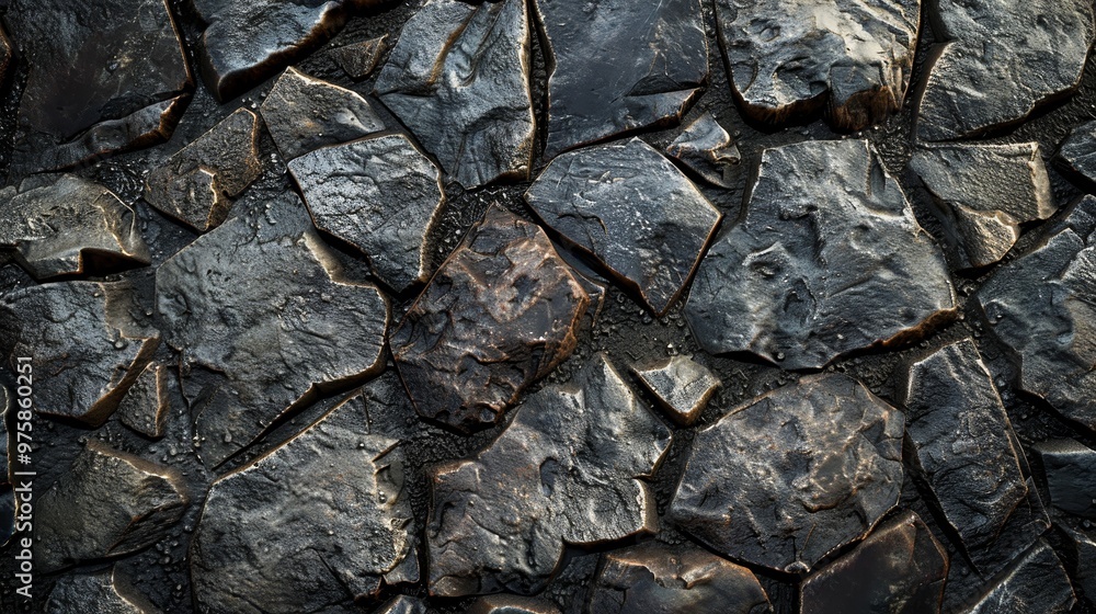 Textured arrangement of dark, irregular stones in a natural setting showcasing unique shapes and patterns Textured arrangement of dark, irregular stones in a natural setting showcasing unique shapes and patterns