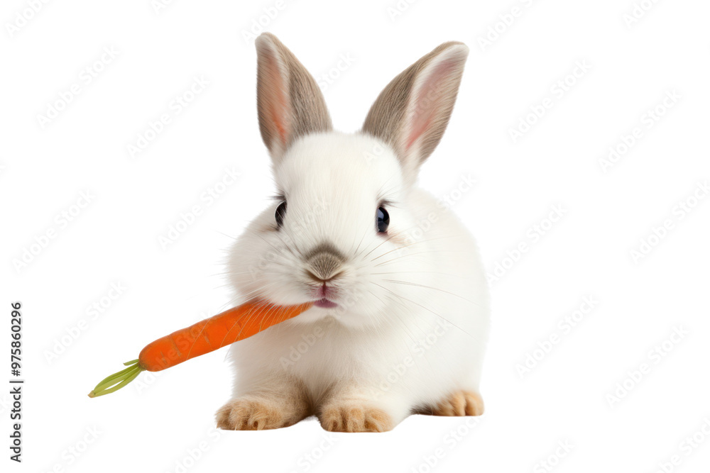 Fototapeta premium A white rabbit with bright pink eyes hopping isolated on white background