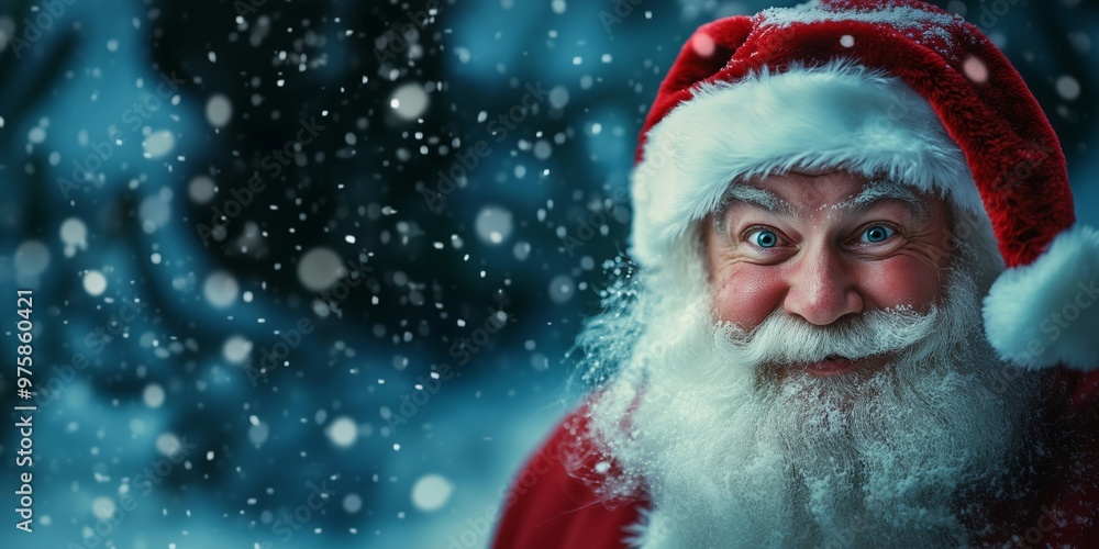 Santa claus peeking from the right side of the frame against navy blue snowy background Santa claus peeking from the right side of the frame against navy blue snowy background