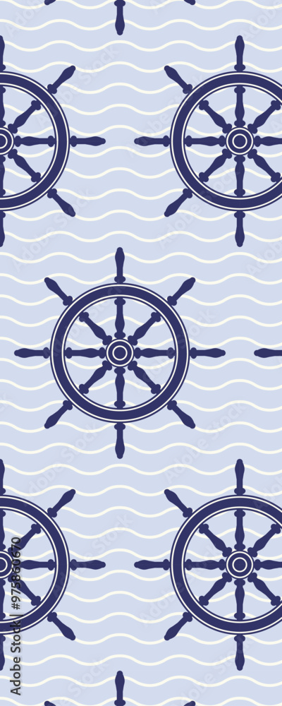 A repeating pattern featuring nautical steering wheels on a wavy background, suitable for marine-themed designs. A repeating pattern featuring nautical steering wheels on a wavy background, suitable for marine-themed designs.