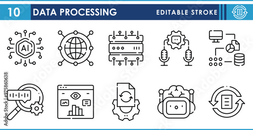 A set of line icons related to Data Processing. Data, server, mining, machine learning, internet, analysis, and so on. Vector editable stroke.
