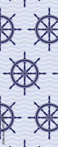 A repeating pattern featuring nautical steering wheels on a wavy background, suitable for marine-themed designs.