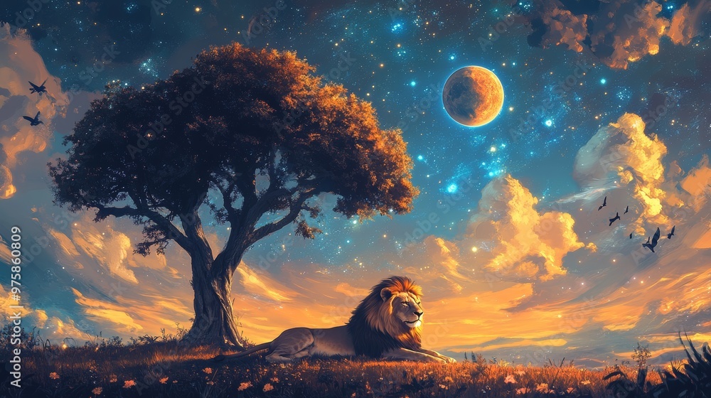 Majestic Lion Under a Starry Sky. Majestic Lion Under a Starry Sky.