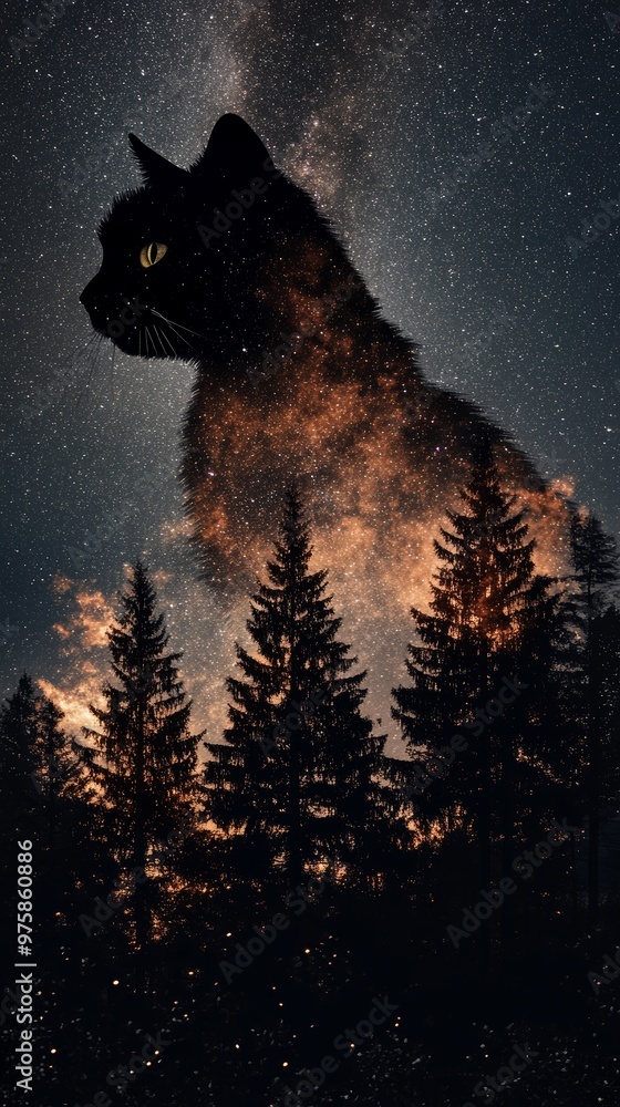 Cat Silhouette with Stars and Trees. Cat Silhouette with Stars and Trees.