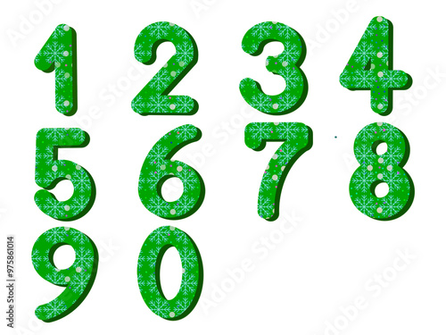 Number 1, 2, 3, 4, 5, 6, 7, 8, 9, and 0 with green color with dark green shadow which decorated by the pattern of small snowflakes and dots like snow.