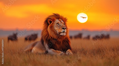 A majestic lion lounging under the shade of an acacia tree in the vast African savannah. photo