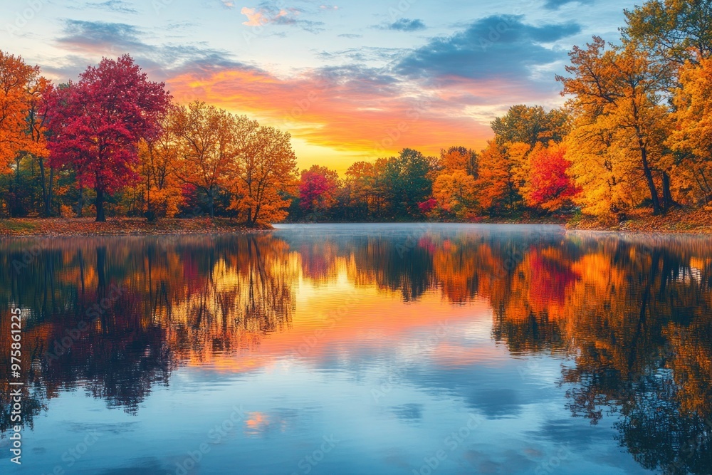 A serene scene of a lake surrounded by colorful autumn trees, reflecting the vibrant hues of a Thanksgiving season sunset. A serene scene of a lake surrounded by colorful autumn trees, reflecting the vibrant hues of a Thanksgiving season sunset.