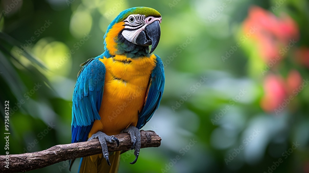 A vibrant parrot with bright blue, green, and yellow feathers perched on a branch in a tropical rainforest. A vibrant parrot with bright blue, green, and yellow feathers perched on a branch in a tropical rainforest.