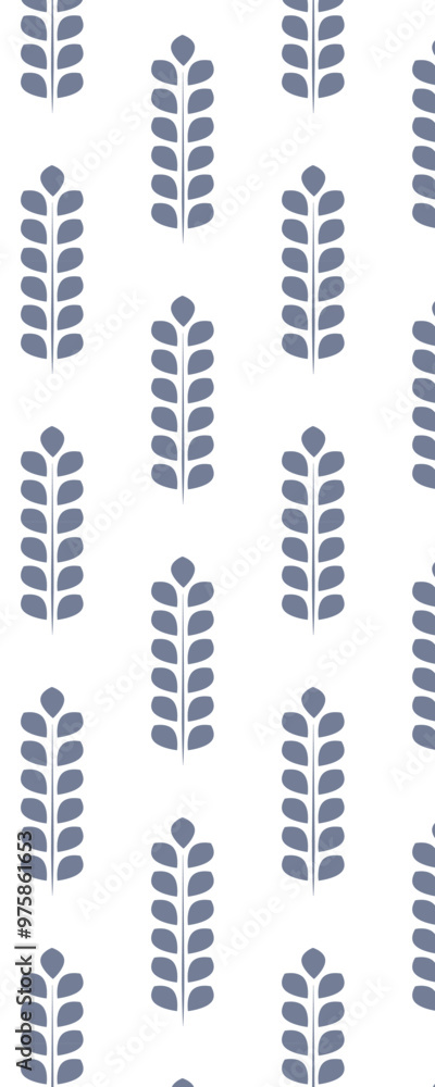 A repeating pattern of stylized leaf shapes in a muted blue color on a white background, suitable for textiles or wallpaper design. A repeating pattern of stylized leaf shapes in a muted blue color on a white background, suitable for textiles or wallpaper design.