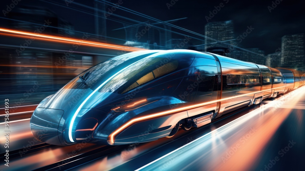 A futuristic train speeding along a sleek rail line with a blurred background, A futuristic train speeding along a sleek rail line with a blurred background,