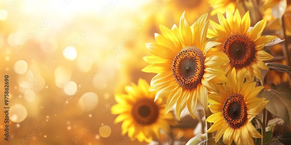 Fototapeta premium Bright sunflowers bask in warm sunlight. Their vibrant yellow petals create a joyful atmosphere. Perfect for nature lovers or floral designs. A beautiful addition to any collection. AI