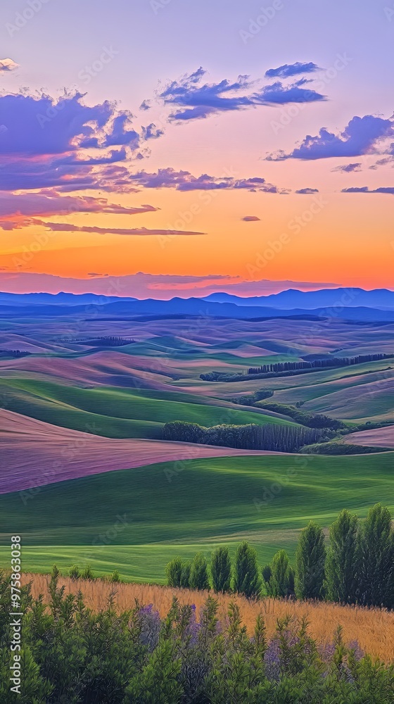 Fototapeta premium Abstract landscape of rolling hills and mountains at sunset, with vibrant colors and geometric shapes representing the different layers of farmland