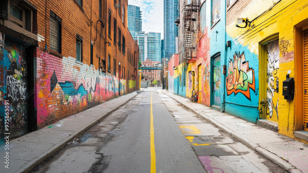 Fototapeta premium A vibrant alleyway showcases colorful street art and graffiti on brick walls, with clear yellow line guiding way. urban scene reflects creativity and renewal.