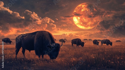 Bison Herd Under a Blood Moon.