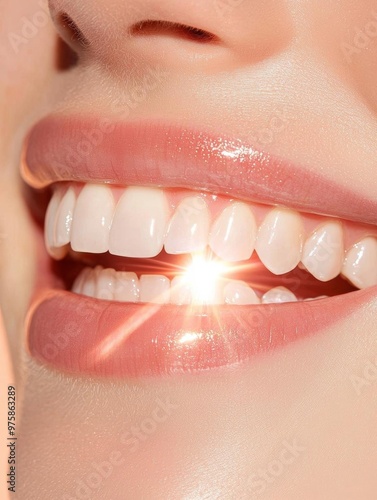 A close-up of a woman's warm smile, her healthy teeth enhancing her glowing complexion,copy space for text,