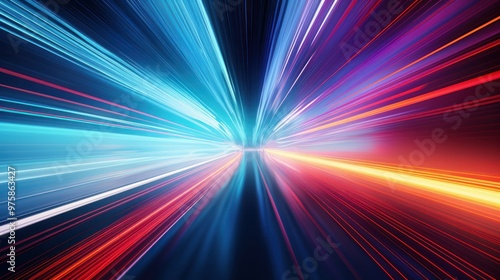 A close-up of a glowing line of light streaking across a dark background, representing the speed of light in modern information transmission. The light trail creates dynamic motion,