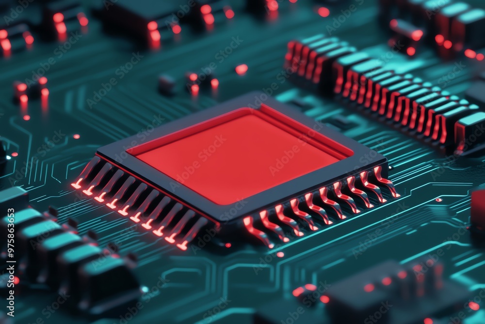 Close-up of a red microchip on a modern circuit board, showcasing intricate details and vibrant electronic components. Close-up of a red microchip on a modern circuit board, showcasing intricate details and vibrant electronic components.