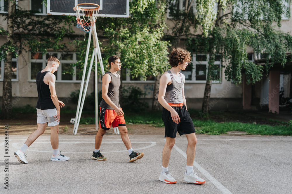 A group of friends playing basketball at a neighborhood court, enjoying a warm sunny day. The scene reflects friendship, leisure, and urban outdoor activity. A group of friends playing basketball at a neighborhood court, enjoying a warm sunny day. The scene reflects friendship, leisure, and urban outdoor activity.