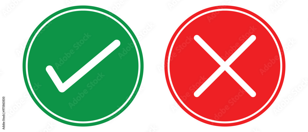 Tick and cross icon. Check mark icon button set. Green check mark and red cross mark icon, isolated on white background. Vector illustration. Tick and cross icon. Check mark icon button set. Green check mark and red cross mark icon, isolated on white background. Vector illustration.