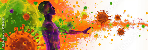 Immune Boosters: A vibrant mix of colors, including orange, green, and purple, forming a protective shield around an abstract human figure, representing the strengthening of the immune system.