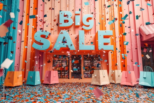 Colorful carnival themed big sale event with confetti and decorations photo