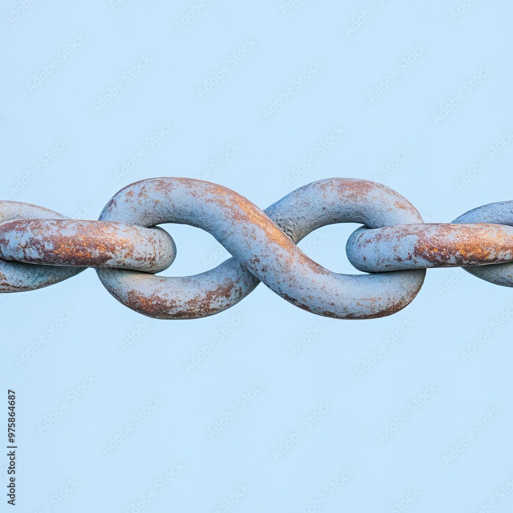 Fototapeta premium Close-up of an old, rusty metal chain link forming an infinity shape against a soft blue background.
