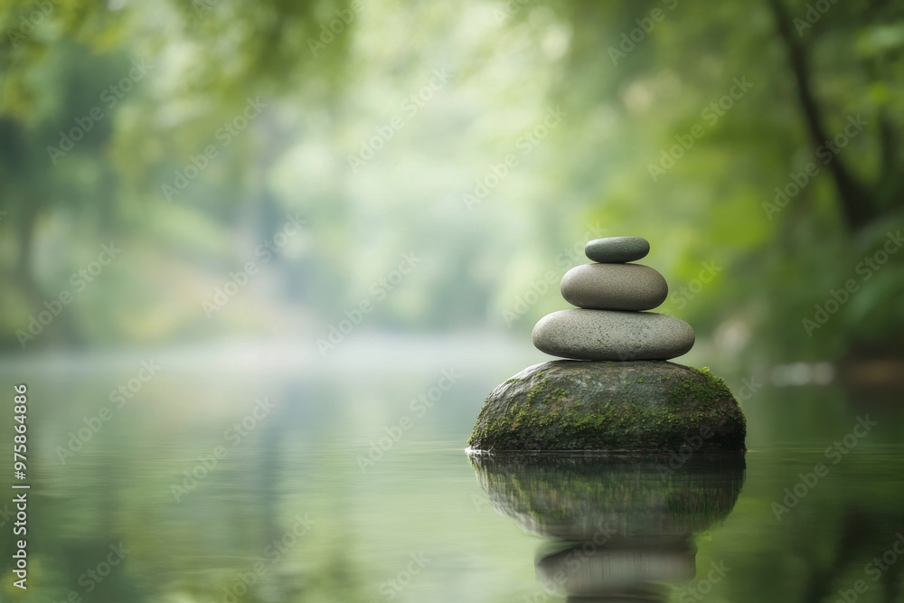 Stacked stones by a calm river, symbolizing balance and tranquility in a peaceful environment. Stacked stones by a calm river, symbolizing balance and tranquility in a peaceful environment.