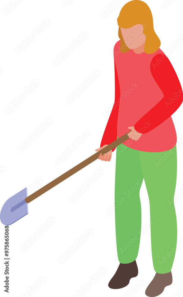 Woman holding shovel isometric illustration on white background Woman holding shovel isometric illustration on white background
