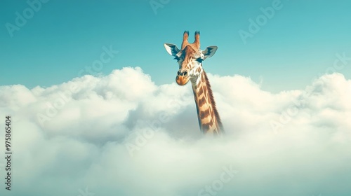 A giraffe gracefully pokes its head through fluffy clouds against a clear blue sky during a bright daytime
