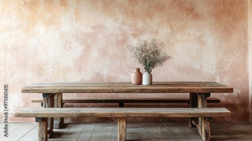 A rustic wooden dining table with bench seating, positioned before a soft, pastel-colored wall.