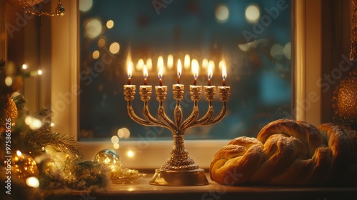 Hanukkah Menorah with Challah Bread and Festive Lights. photo