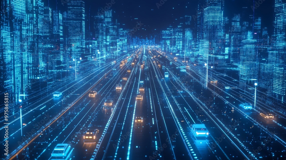 Futuristic Cityscape with Digital Highway and Cars. Futuristic Cityscape with Digital Highway and Cars.