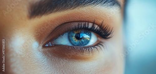 Close-up view of a beautiful blue eye, showcasing details like eyelashes and iris patterns with a soft focus background. photo